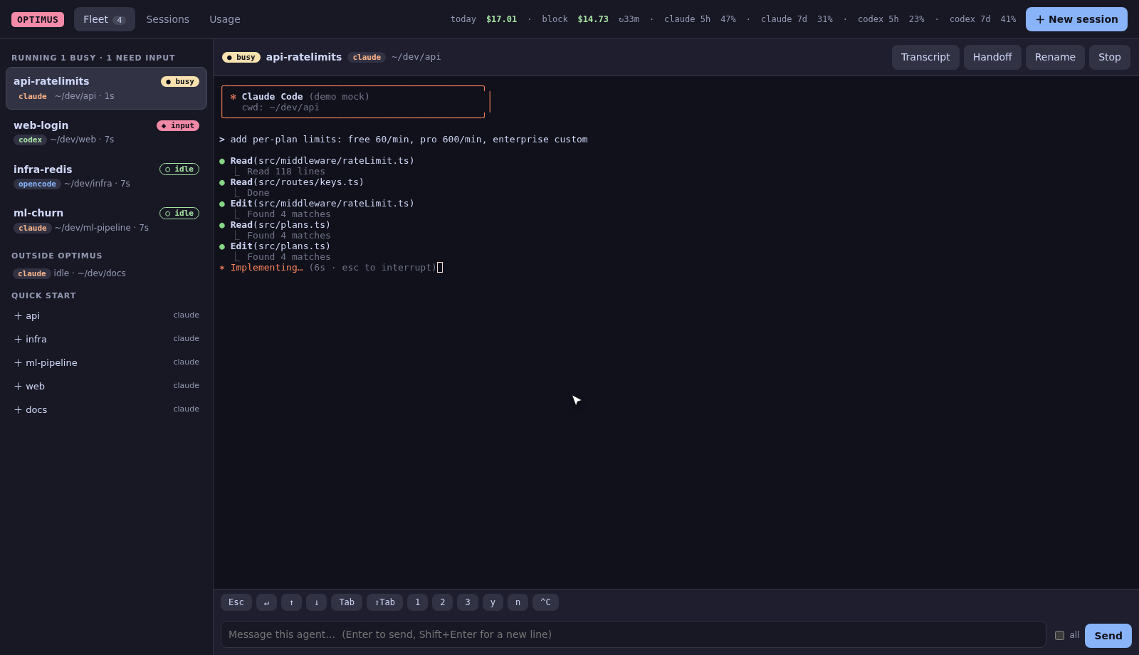 optimus web dashboard: a fleet of agents with a live terminal
